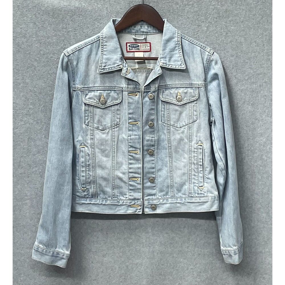 Old Navy Cropped Denim Jacket Women Medium Light Wash Fitted Trucker Jean - Picture 4 of 8